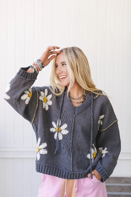 Daisy Belle Sweater Hoodie Top - Charcoal