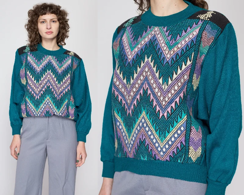 Large 80s Teal Southwestern Woven Zig Zag Sweater