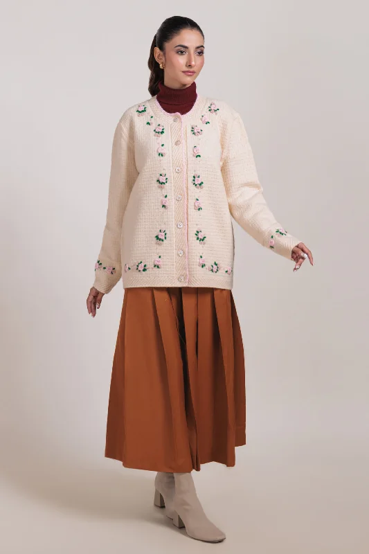 CREAM-ROUND NECK FULL SLEEVES CARDIGAN SWEATER (24X-038-66)