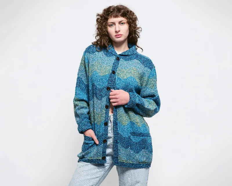 XL 80s Missoni Uomo Blue Wavy Striped Knit Cardigan