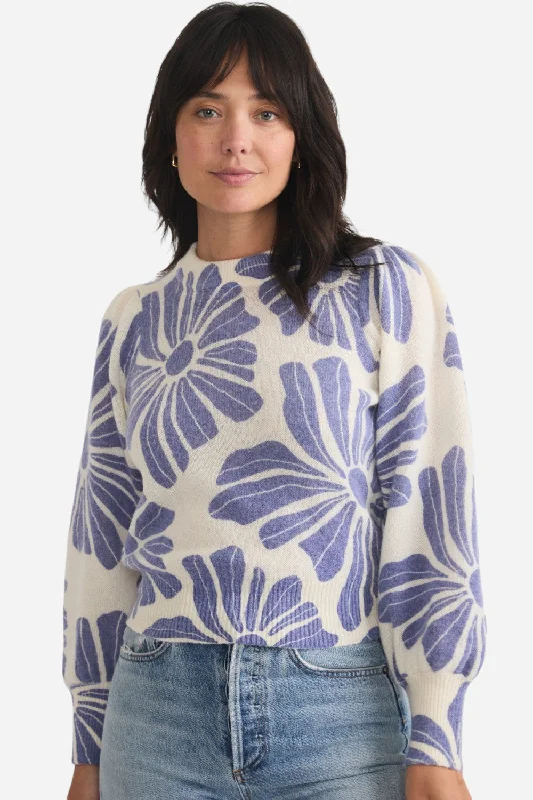 Marine Layer Print Alma Puff Sleeve Sweater in Royal Blue Floral