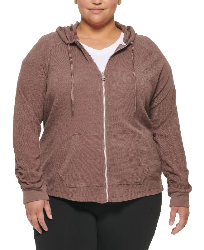 Plus Size Ruched-Sleeve Zip Hoodie