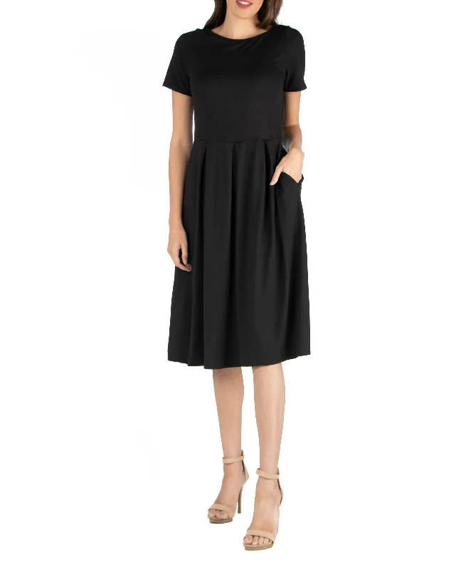 24seven Comfort Apparel Midi Dress With Short Sleeves Pocket Detail