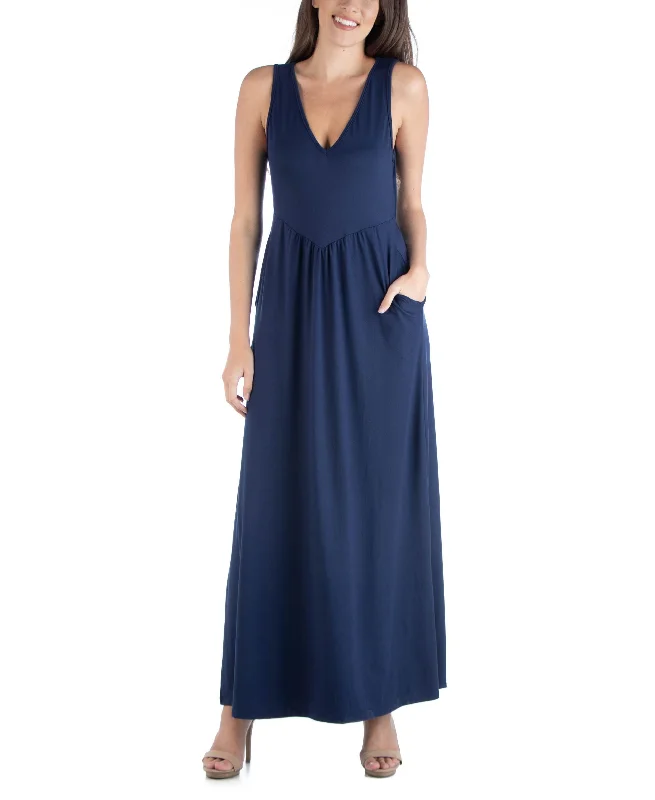 24seven Comfort Apparel Sleeveless V Neck Maxi Dress With Pocket Detail