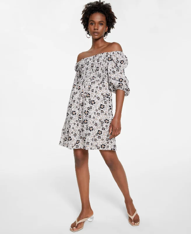 Bar III Womens Floral Print Smocked Fit & Flare Dress