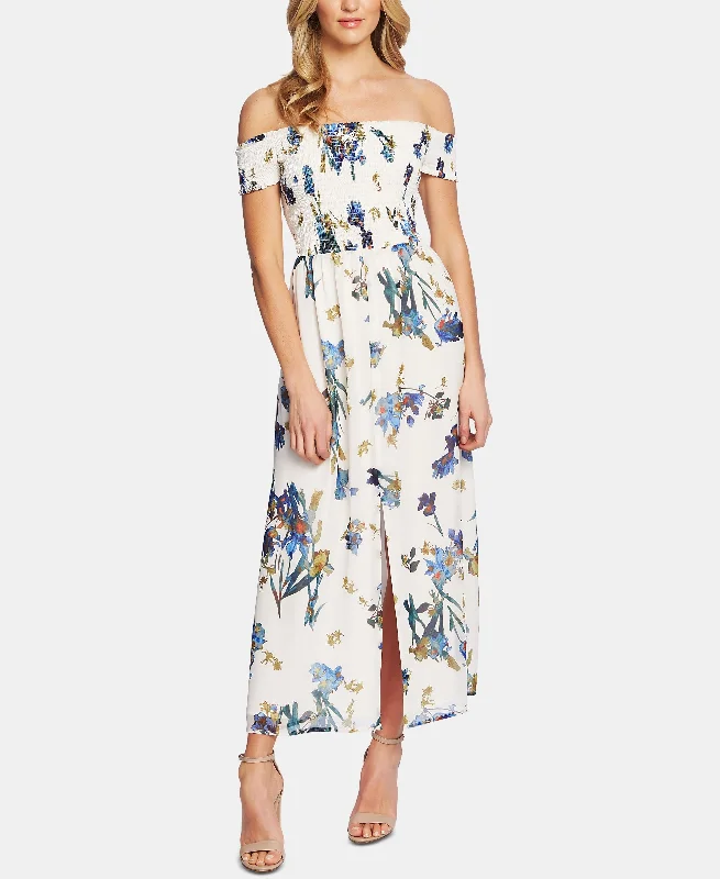 Off-The-Shoulder Watercolor Floral-Print Dress