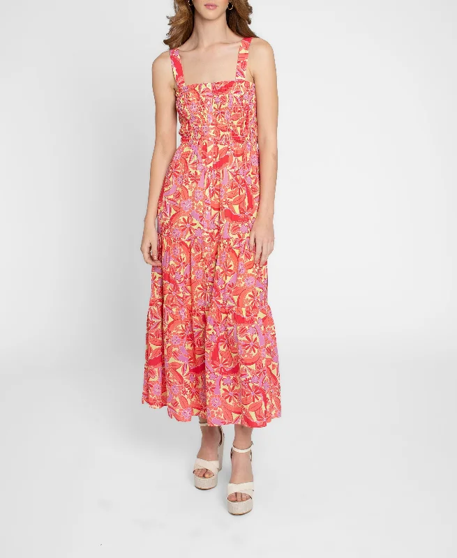 Nicole Miller Printed Smocked Midi Dress