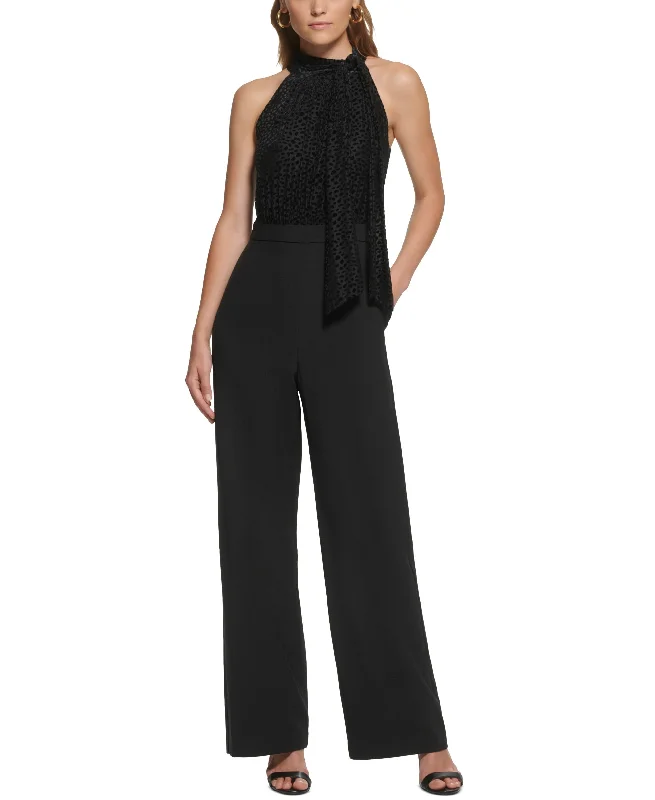 Vince Camuto Womens Burnout Velvet Tie-Neck Mixed-Media Jumpsuit