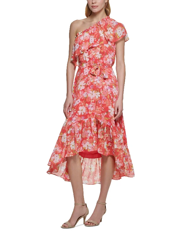 Vince Camuto Womens Floral Print One Shoulder Ruffle Dress