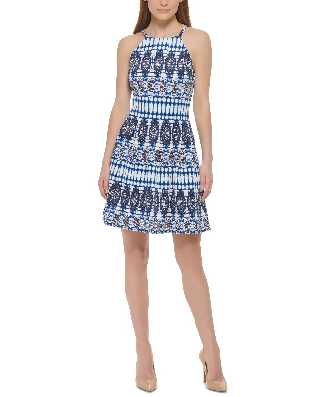 Vince Camuto Womens Printed High Neck Fit Flare Dress