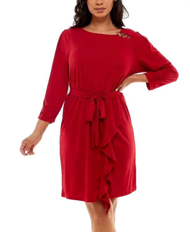 Womens 3/4 Sleeve Dress with Asymmetrical Flounce Dress