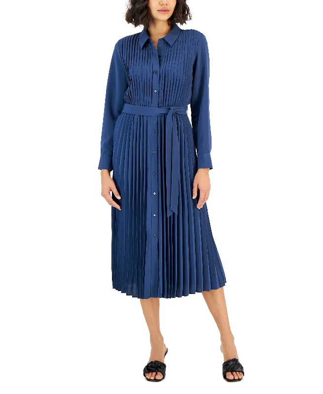 Women's Pleated Belted Midi Shirtdress