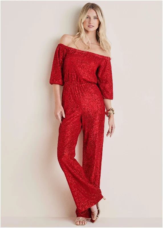 Off-Shoulder Sequin Jumpsuit - Goji Berry