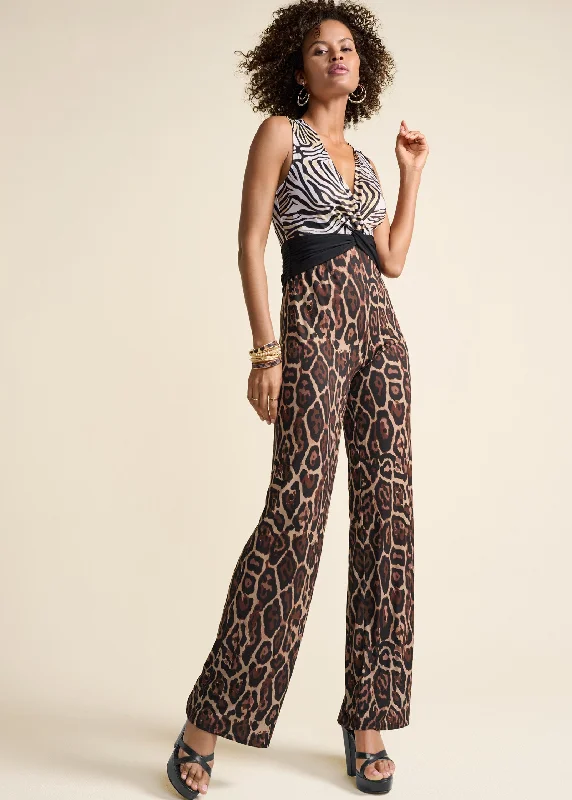 Animal Print Twist Jumpsuit - Black Multi