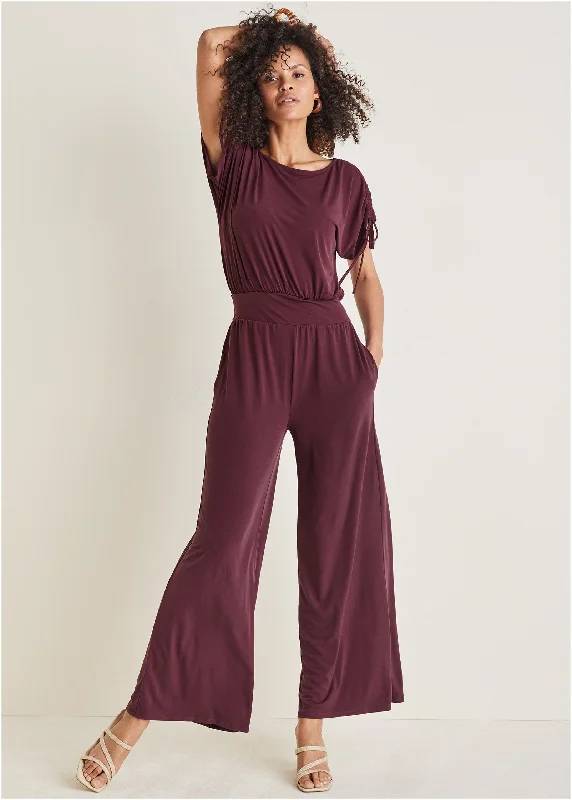 Shoulder Detail Wide Leg Jumpsuit - Wine