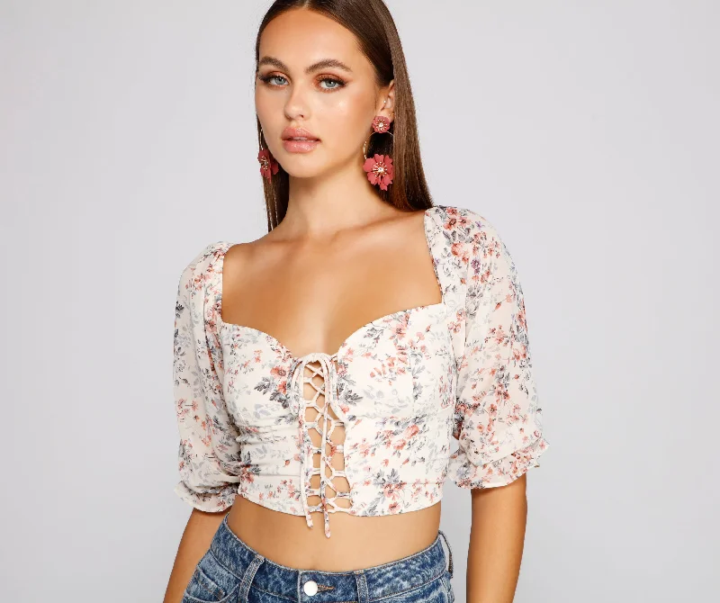 Darling Glam Floral Lace-Up Crop Top